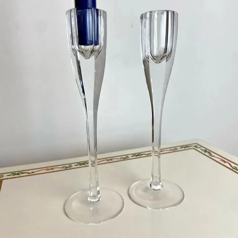 PAIR Oneida Hand-Cut Lead Crystal Taper Candle Holders 8.25” Modern Elegance Cle
